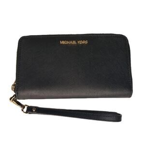 Michael Kors MK Jet Set Snap Wallet Cell Phone Case BLACK Wristlet Gold Hardware